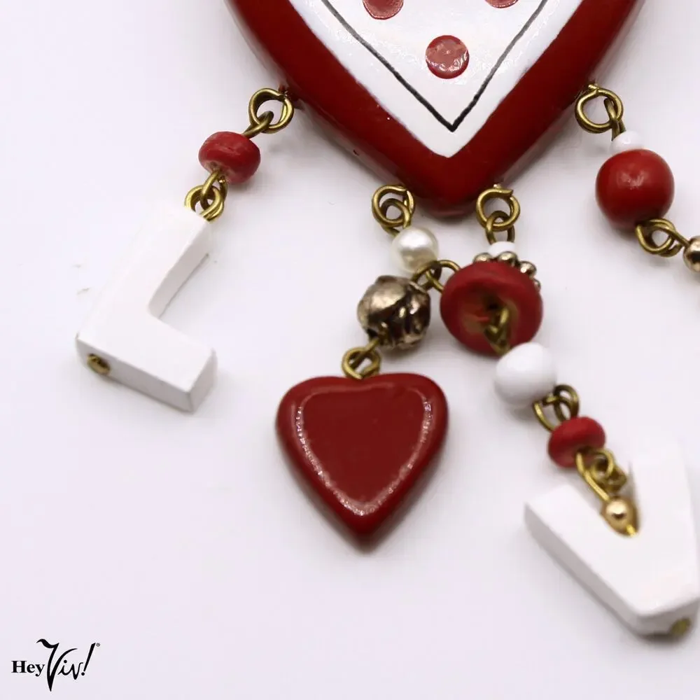 Vintage Red White Heart Dangle Pin Brooch LOVE Letters Valentine Kitsch Hey Viv